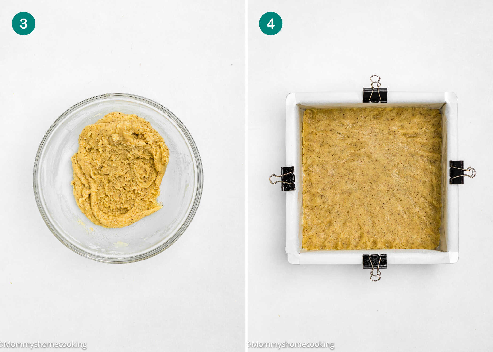 Left: A glass bowl with Eggless Brown Butter Pecan Pie Bars dough. Right: Dough pressed evenly into a parchment-lined square baking pan, held in place with binder clips.
