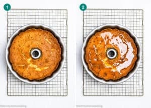 Two side-by-side images show an Eggless Butter Rum Bundt Cake on a wire rack: the left is plain, the right is covered with a shiny glaze. Both cakes are in a tube pan.