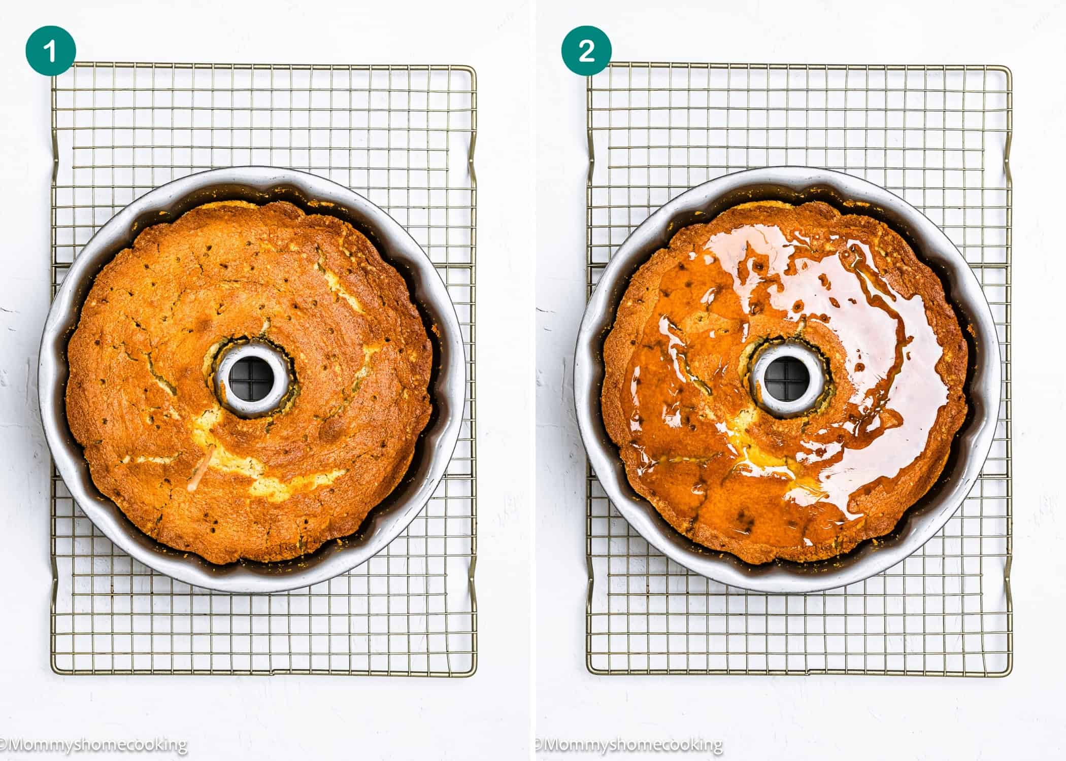 Two side-by-side images show an Eggless Butter Rum Bundt Cake on a wire rack: the left is plain, the right is covered with a shiny glaze. Both cakes are in a tube pan.