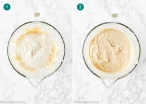 Two glass bowls on a marble surface: the first with flour over wet ingredients for Eggless Cannoli Cupcakes, the second with a smooth batter. Each bowl is labeled with a number.
