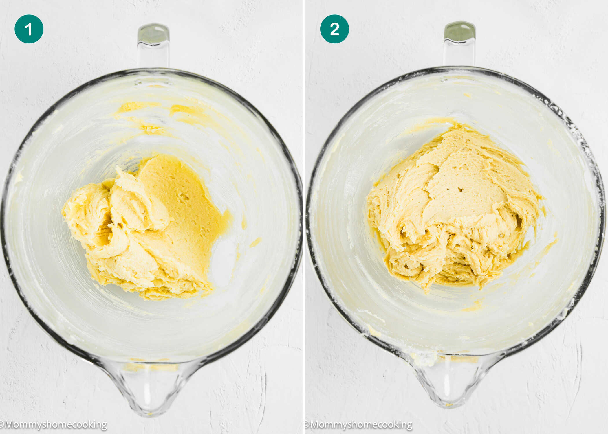 Two glass mixing bowls with Eggless Cinnamon Roll Blondies dough at different stages of mixing; the left bowl shows partially mixed dough, while the right displays fully blended, ready-to-bake blondie dough.