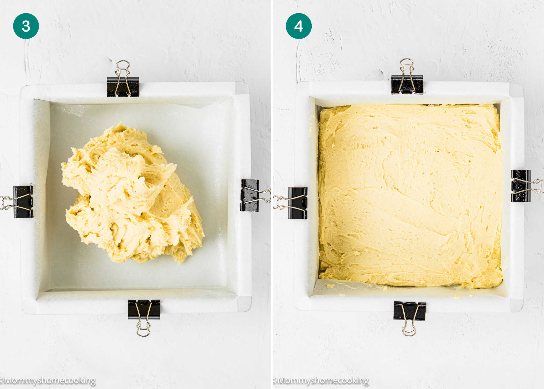 Two side-by-side images show a square baking pan lined with parchment paper; the left holds eggless cinnamon roll blondie dough, while the right displays the dough evenly spread in the pan.