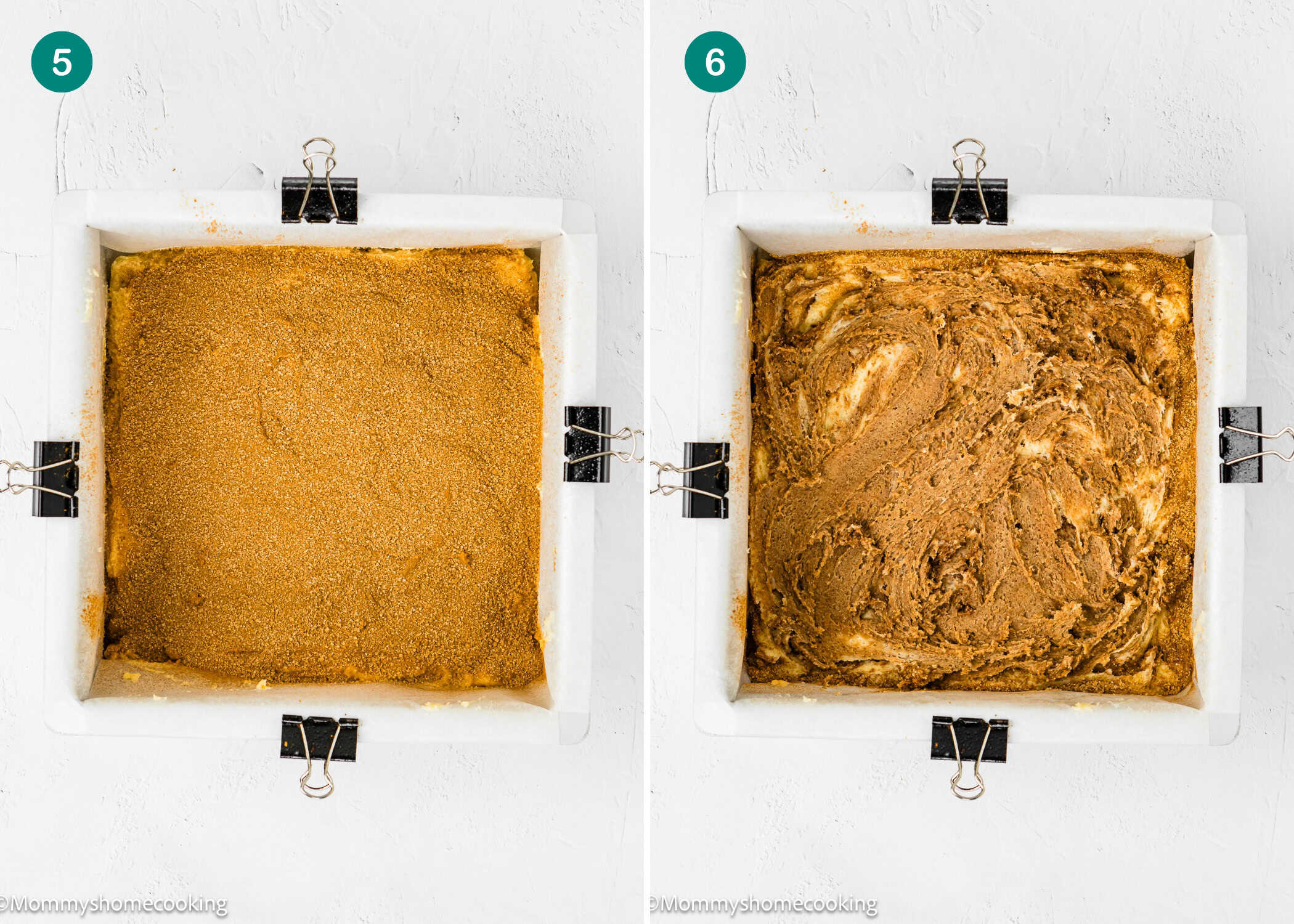 A square baking pan lined with parchment paper and binder clips, showing two stages of Eggless Cinnamon Roll Blondies batter: one smooth and even, the other swirled, labeled steps 5 and 6.