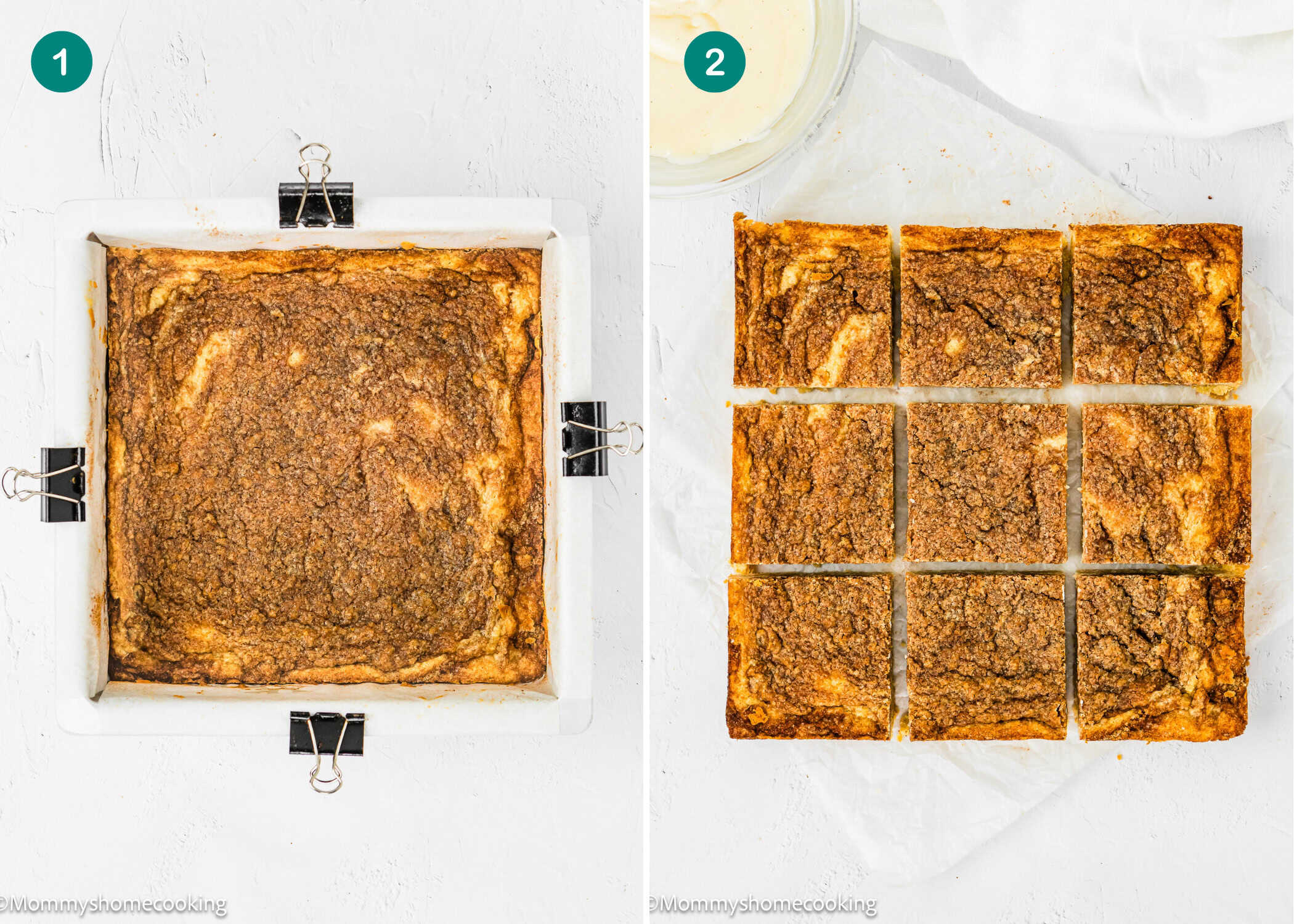Side-by-side images show Eggless Cinnamon Roll Blondies: the uncut baked dessert in a parchment-lined square pan (left) and the blondies cut into twelve squares on a white surface (right).