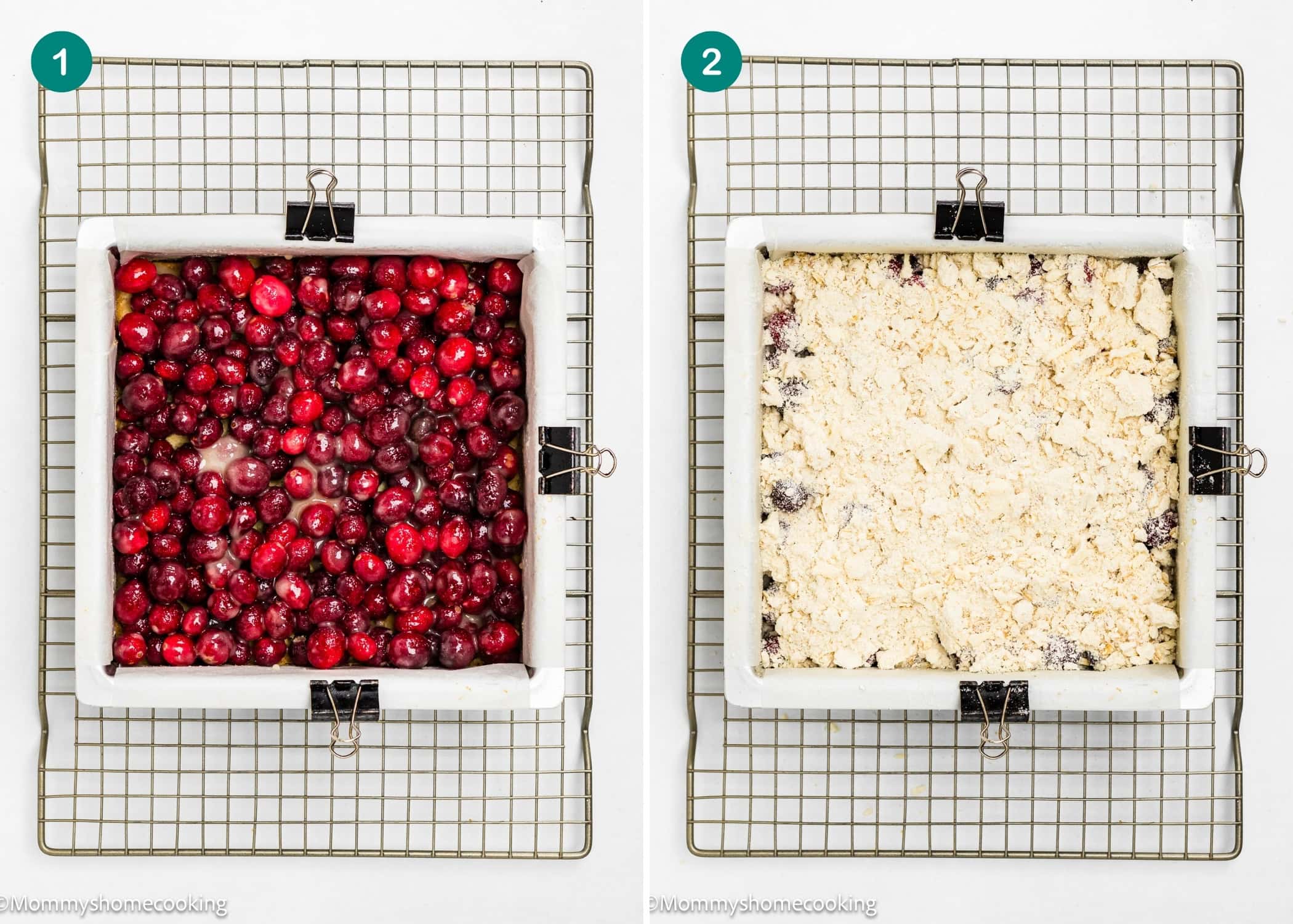 Side-by-side images: left shows a square pan filled with cranberries, right features Eggless Cranberry Crumble Pie Bars topped with a crumbly streusel mixture, both on cooling racks.