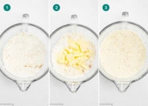 Three side-by-side bowls: one with flour mixture, one with flour and cubed butter, and one with flour and butter mixed into crumbs. Each bowl is labeled 1, 2, and 3 for making Eggless Cranberry Crumble Pie Bars.