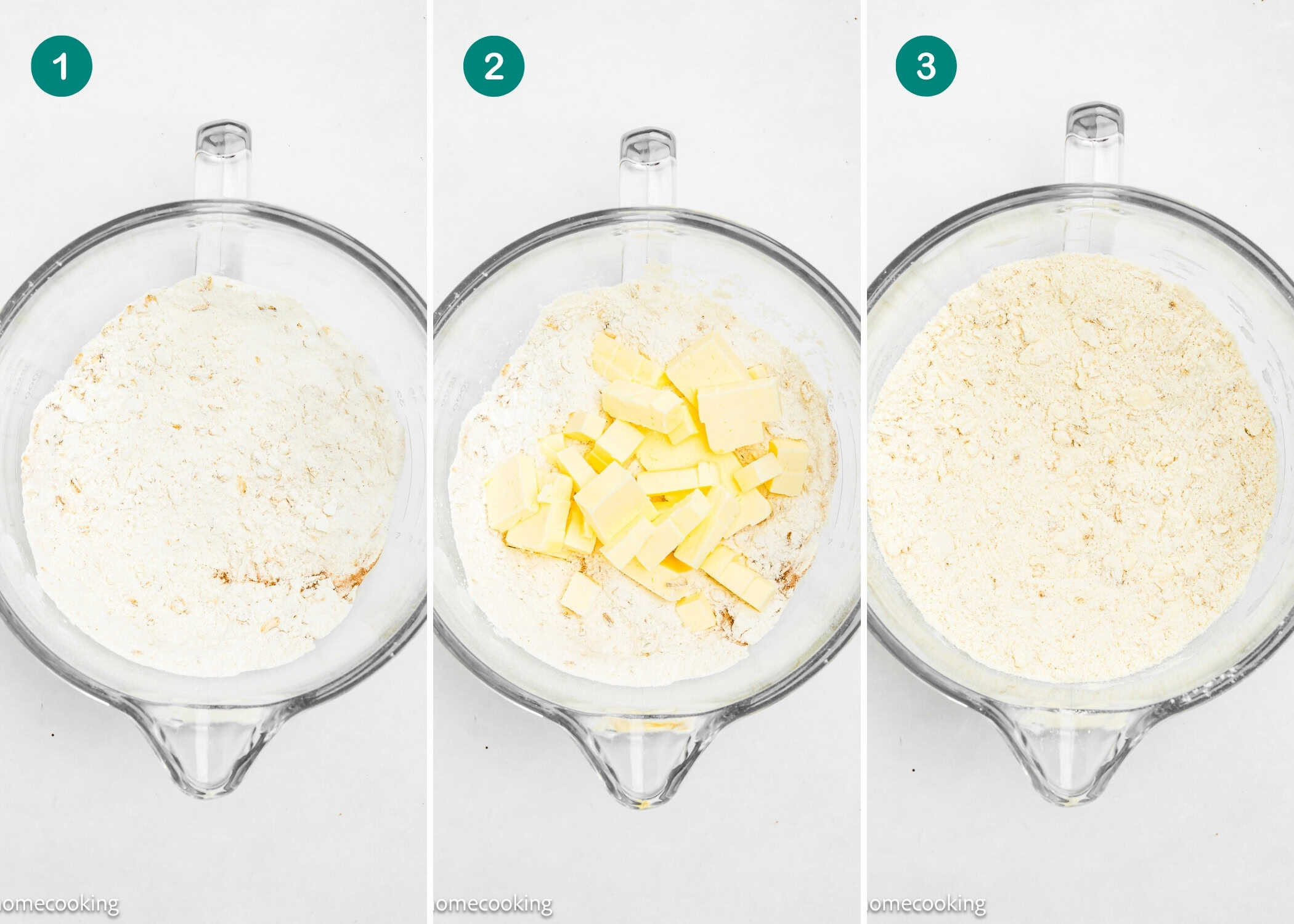 Three side-by-side bowls: one with flour mixture, one with flour and cubed butter, and one with flour and butter mixed into crumbs. Each bowl is labeled 1, 2, and 3 for making Eggless Cranberry Crumble Pie Bars.