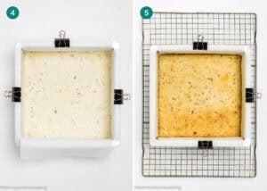 Side-by-side images: left shows unbaked Eggless Cranberry Crumble Pie Bars batter in a square pan lined with parchment paper and clips; right shows baked, golden-brown bars cooling on a rack.