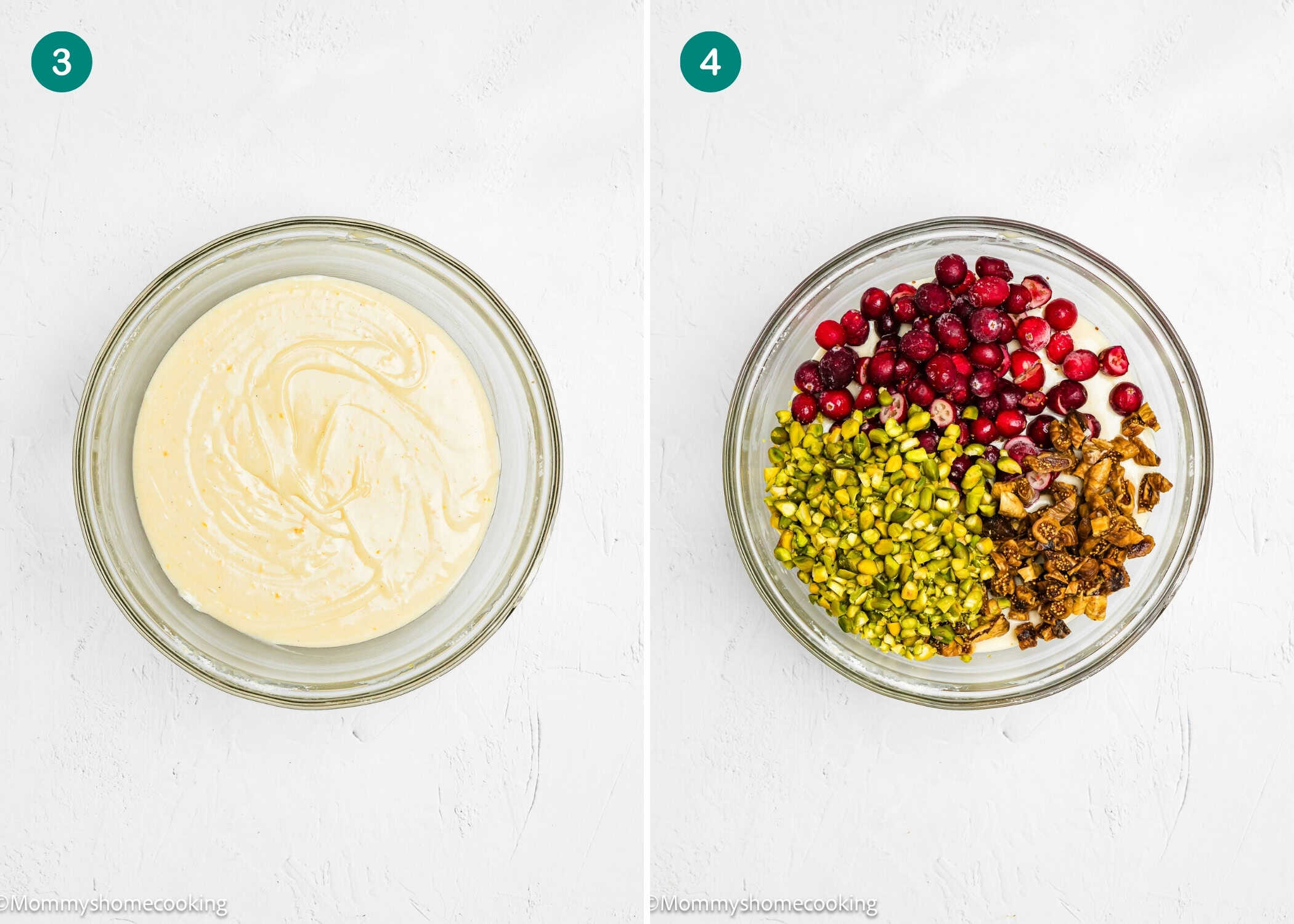 Side-by-side images: left bowl with creamy white mixture, right bowl with same mixture topped with cranberries, pistachios, and chopped pecans for Eggless Fig-Pistachio Cranberry Loaf.