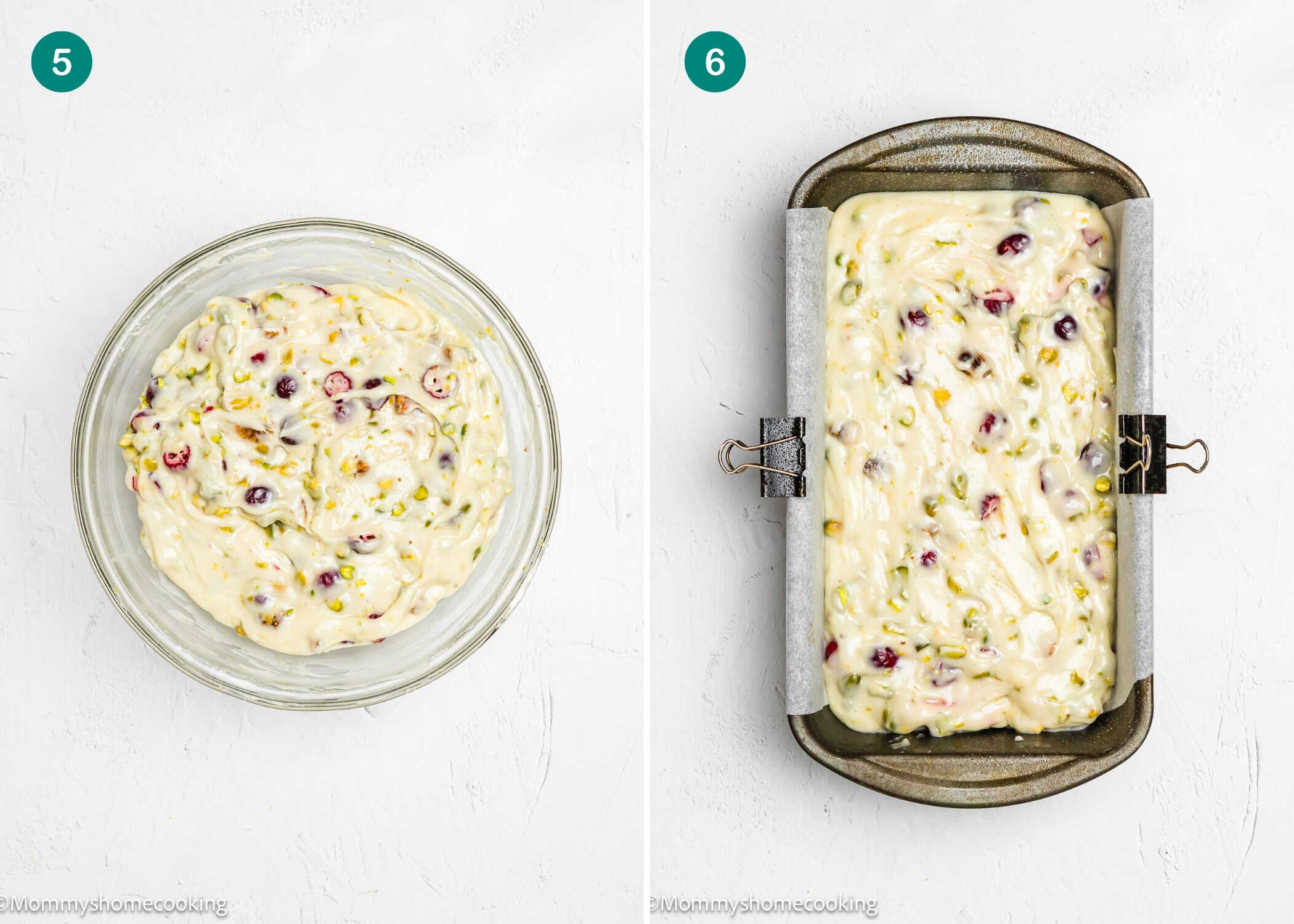 Left: A glass bowl filled with mixed batter containing nuts and berries. Right: The Eggless Fig-Pistachio Cranberry Loaf batter spread in a rectangular baking pan, ready to bake.