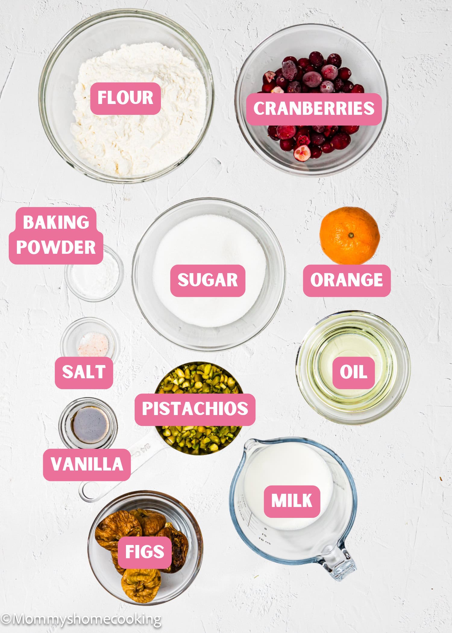 Top-down view of labeled baking ingredients for an Eggless Fig-Pistachio Cranberry Loaf, including flour, cranberries, baking powder, sugar, orange, salt, vanilla, pistachios, oil, milk, and figs on a white surface.