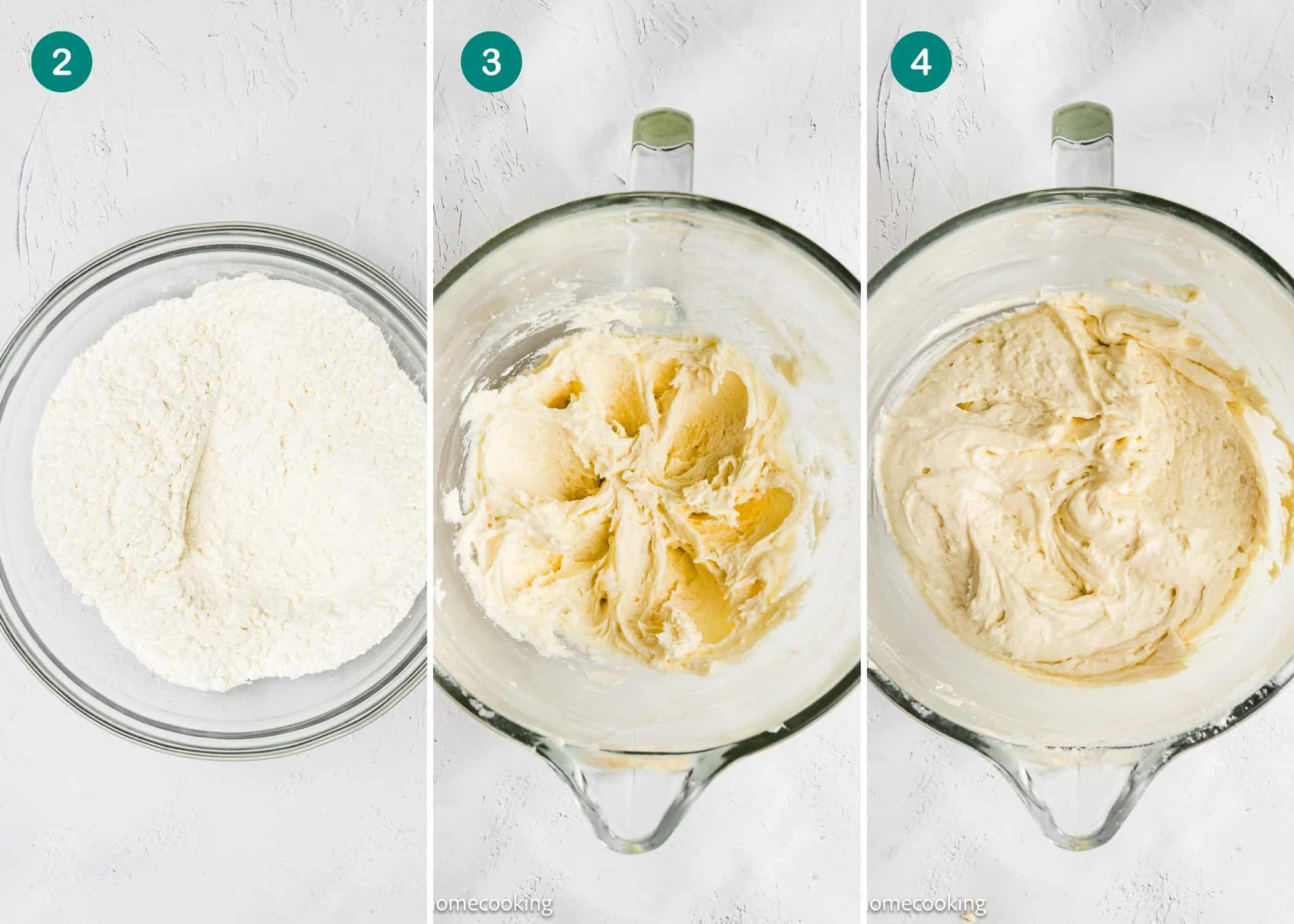 Three bowls display baking steps: the first with mixed dry ingredients, the second with creamed butter and sugar, and the third with a smooth, eggless Italian Cream Cake batter.