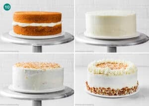 Four stages of decorating an Eggless Italian Cream Cake: unfrosted middle, fully frosted, smoothed frosting, and finished with piped frosting and chopped nuts around the base.