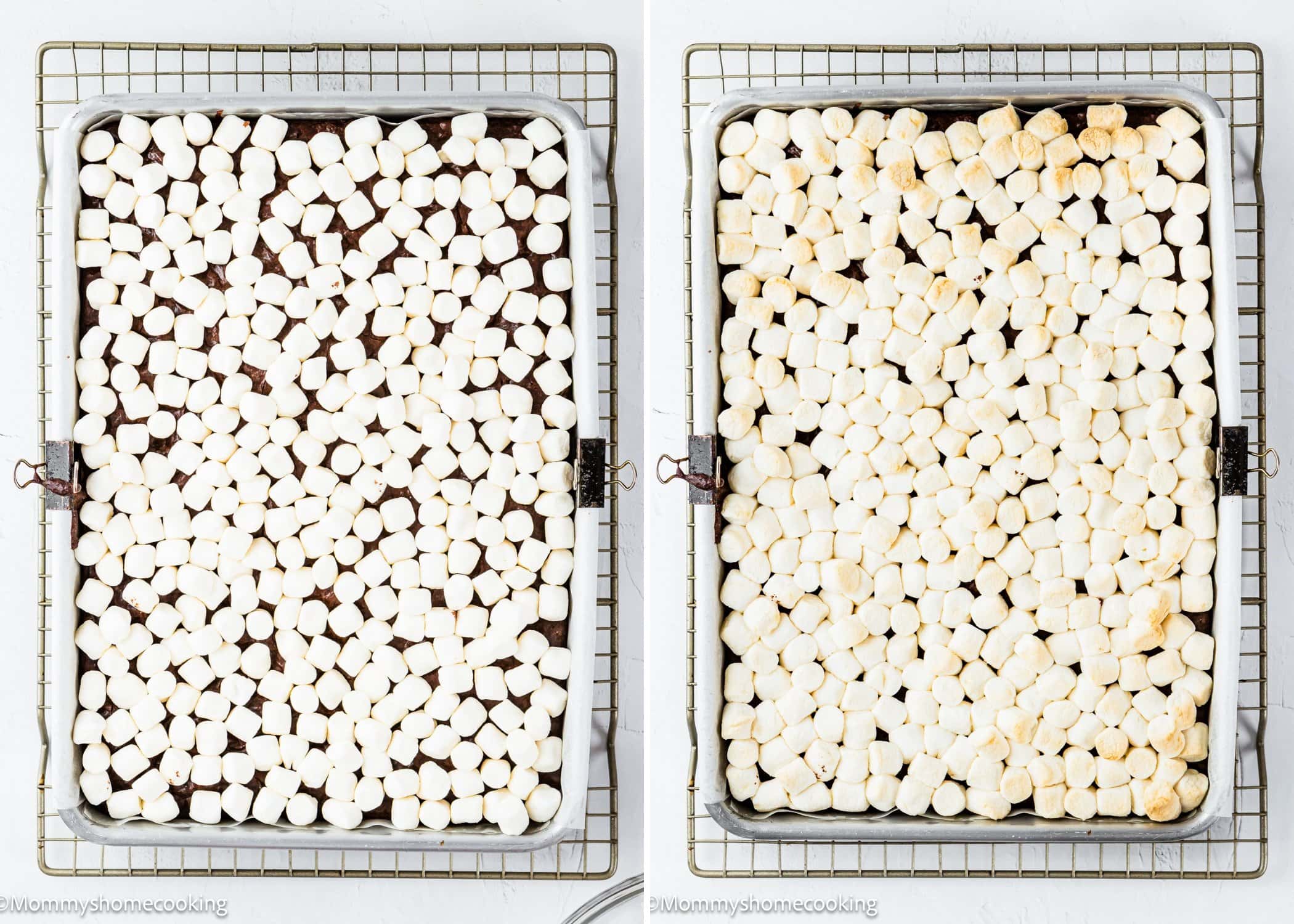 Two side-by-side images of a baking tray with egg-free brownies topped with mini marshmallows; left shows the uncooked version, right shows the marshmallows toasted after baking.