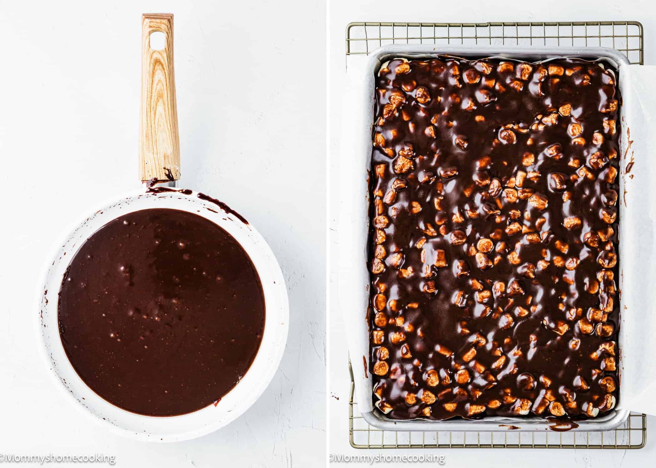 A white saucepan filled with melted chocolate frosting mixture on the left; a baking tray with egg-free brownies and mini marshmallows topped with chocolate frosting mixture on the right, cooling on a wire rack.