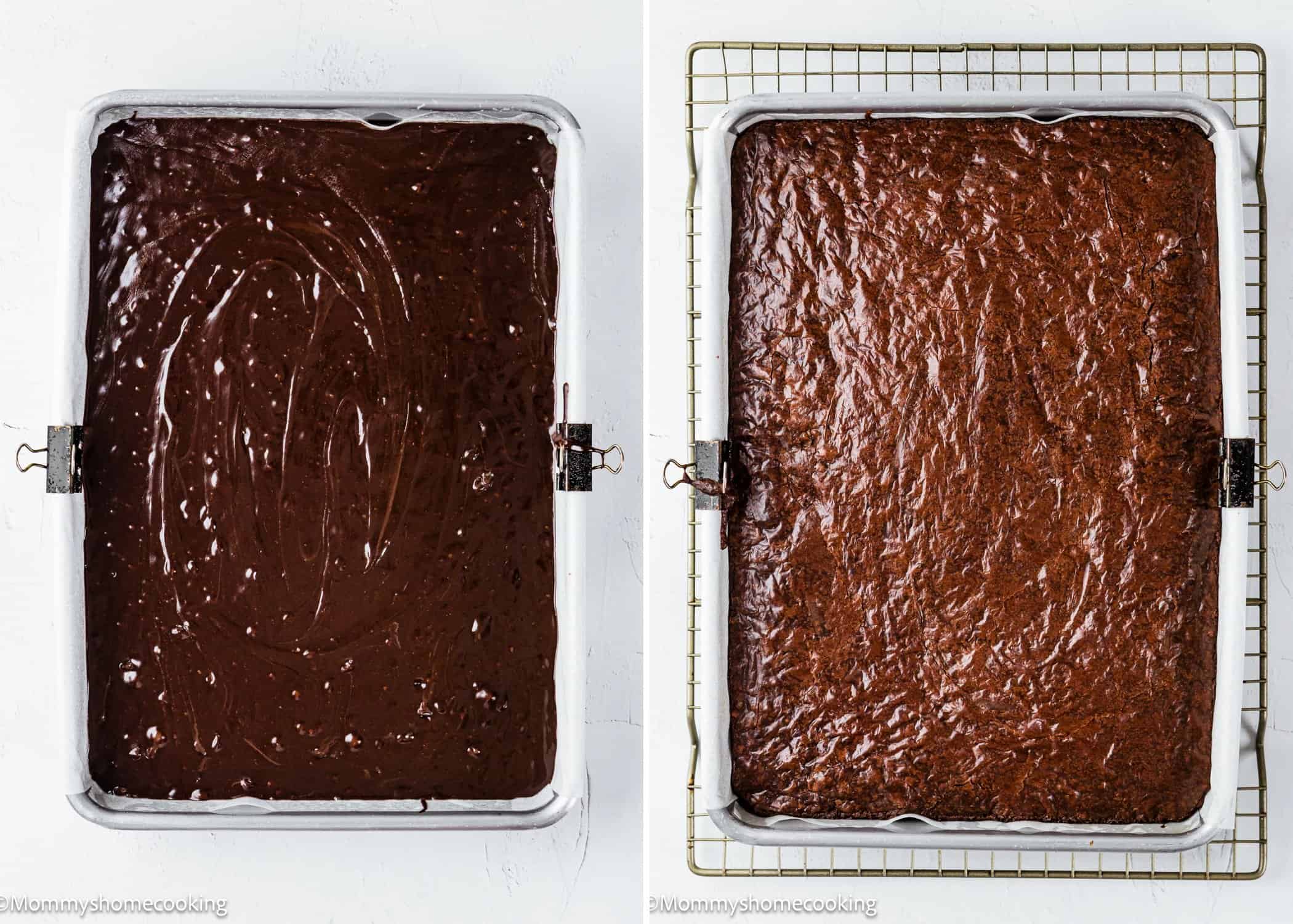 Side-by-side image of a baking pan with unbaked egg-free brownie batter on the left and fully baked brownies on a cooling rack on the right.