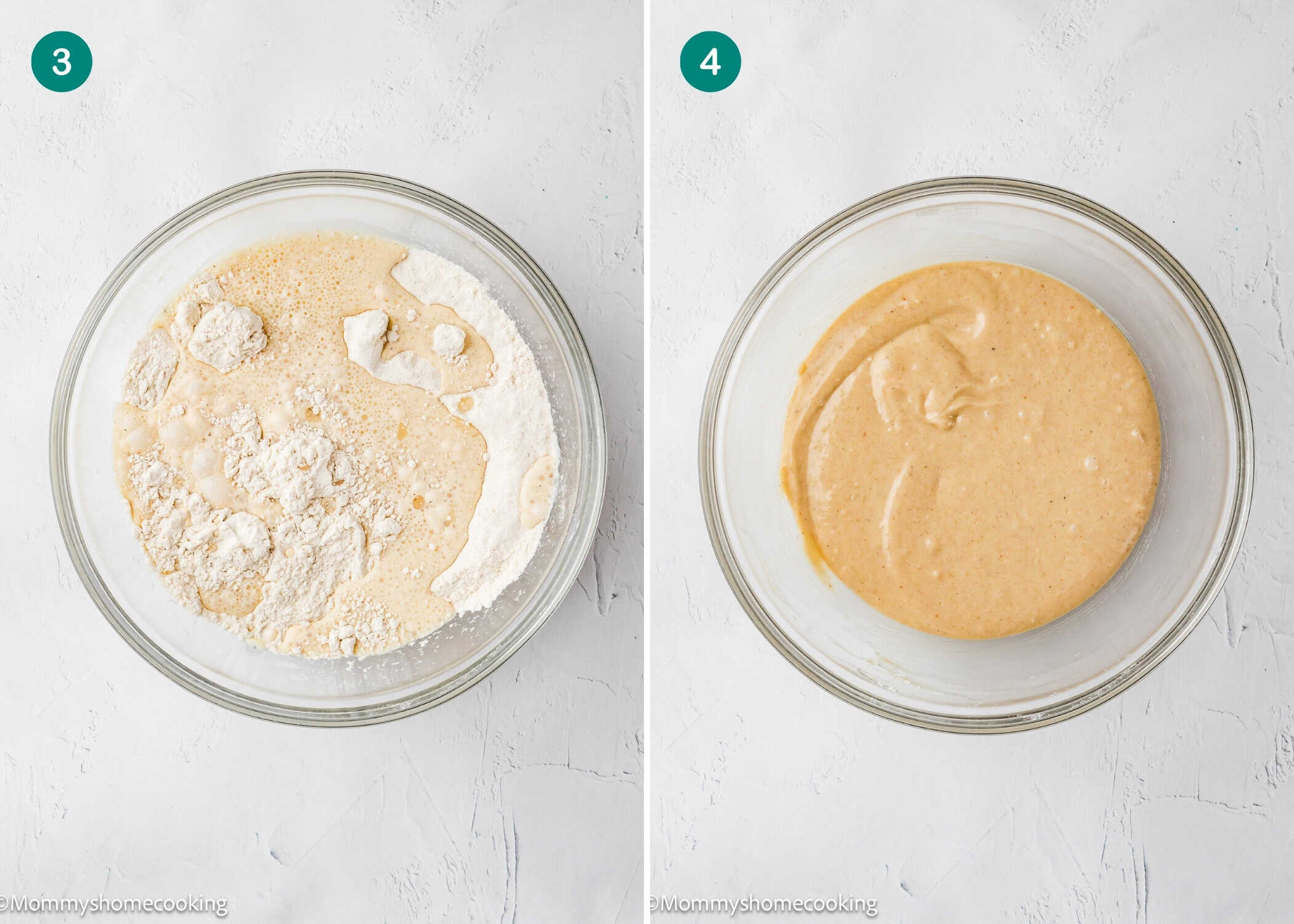 Two glass bowls: the left shows flour and wet ingredients for Eggless Mini Powdered Sugar Donut Muffins before mixing, the right displays a smooth, blended batter. Both bowls rest on a white surface, labeled steps 3 and 4.