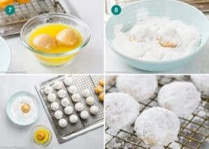 Step-by-step process of making Eggless Mini Powdered Sugar Donut Muffins: dipping in butter, coating in powdered sugar, placing on a tray, and cooling the finished treats on a rack.