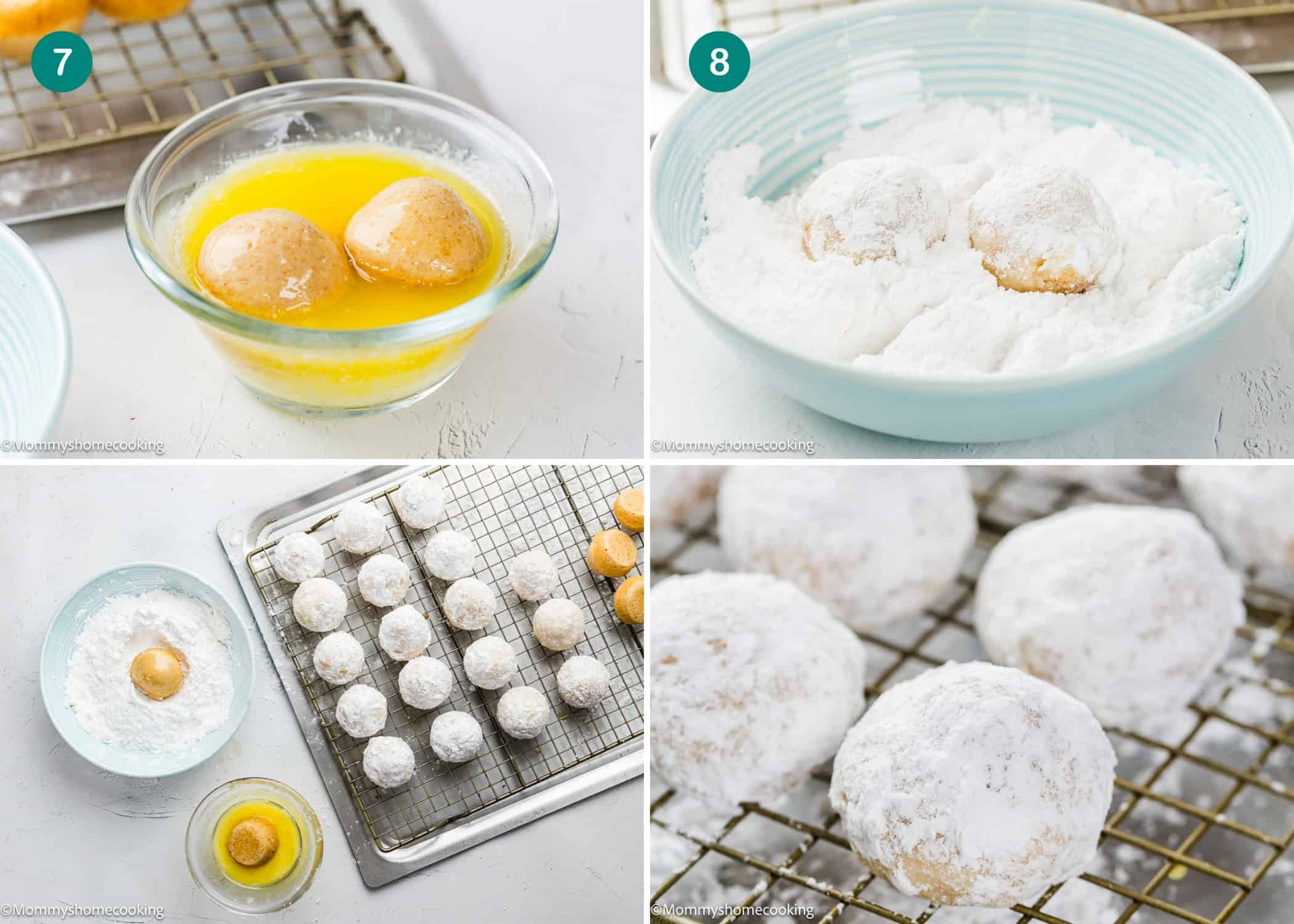 Step-by-step process of making Eggless Mini Powdered Sugar Donut Muffins: dipping in butter, coating in powdered sugar, placing on a tray, and cooling the finished treats on a rack.