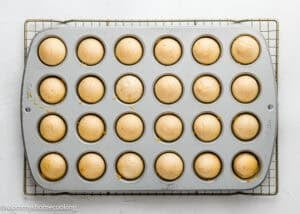A muffin tin filled with 24 evenly baked Eggless Mini Powdered Sugar Donut Muffins rests on a cooling rack against a white background.