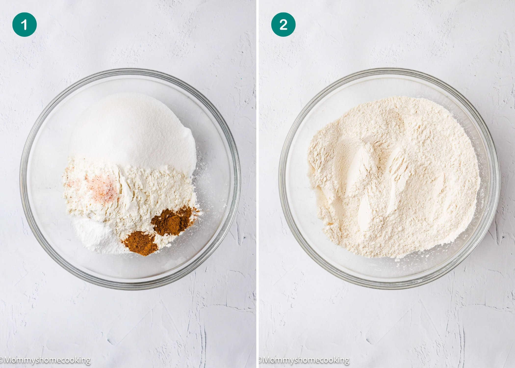 Side-by-side images: left, a bowl with sugar, flour, salt, and spices for Eggless Mini Powdered Sugar Donut Muffins; right, the same bowl with the ingredients mixed together.