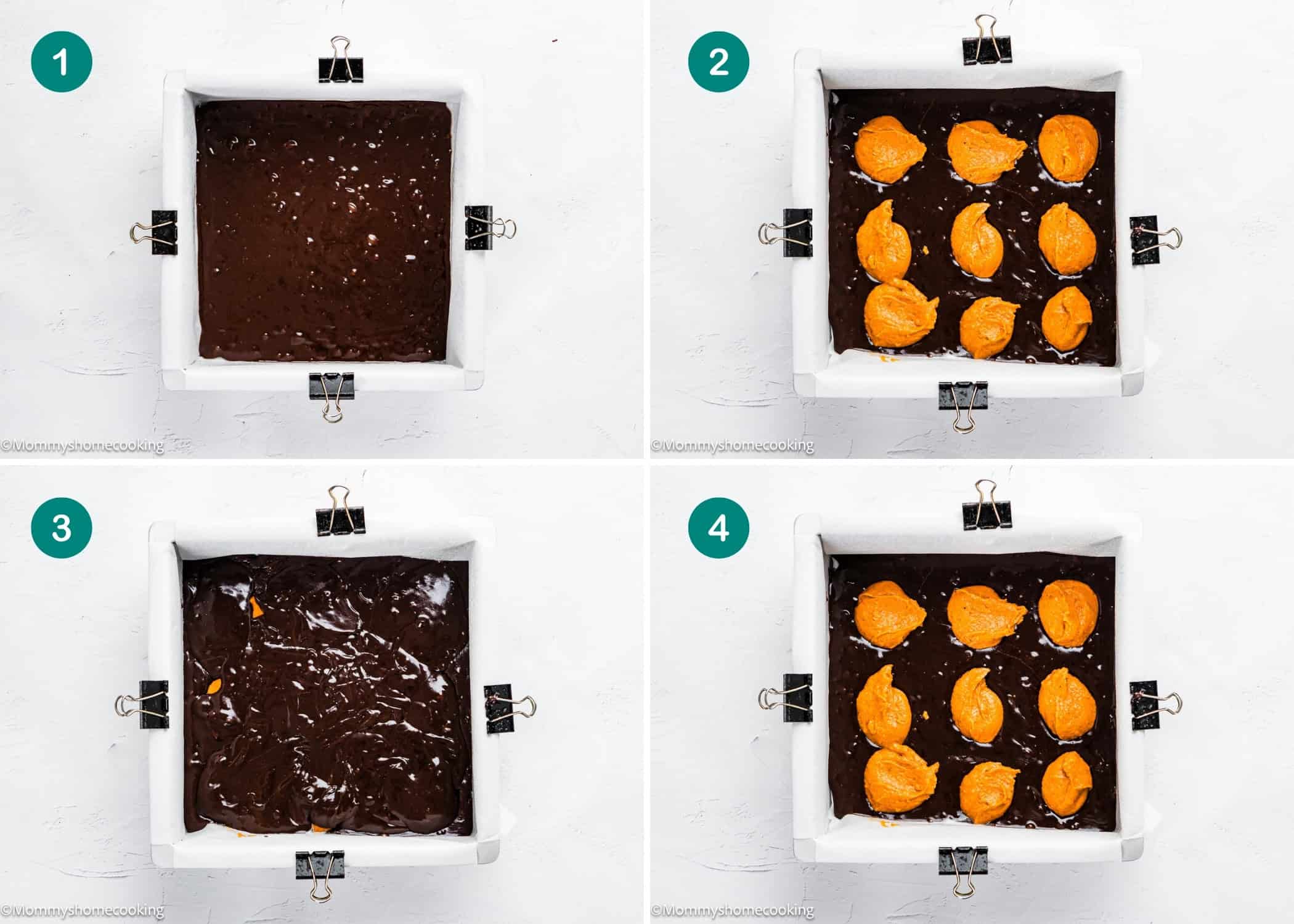 Four-step collage showing the process of assembling Eggless Pumpkin Brownies: plain batter, batter topped with orange dollops, batter partially covering the dollops, and swirled orange and brown batter.