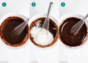 Three-step process for Eggless Pumpkin Brownies: whisk wet ingredients, add flour, and mix into a smooth chocolate batter in a white bowl with a metal whisk.