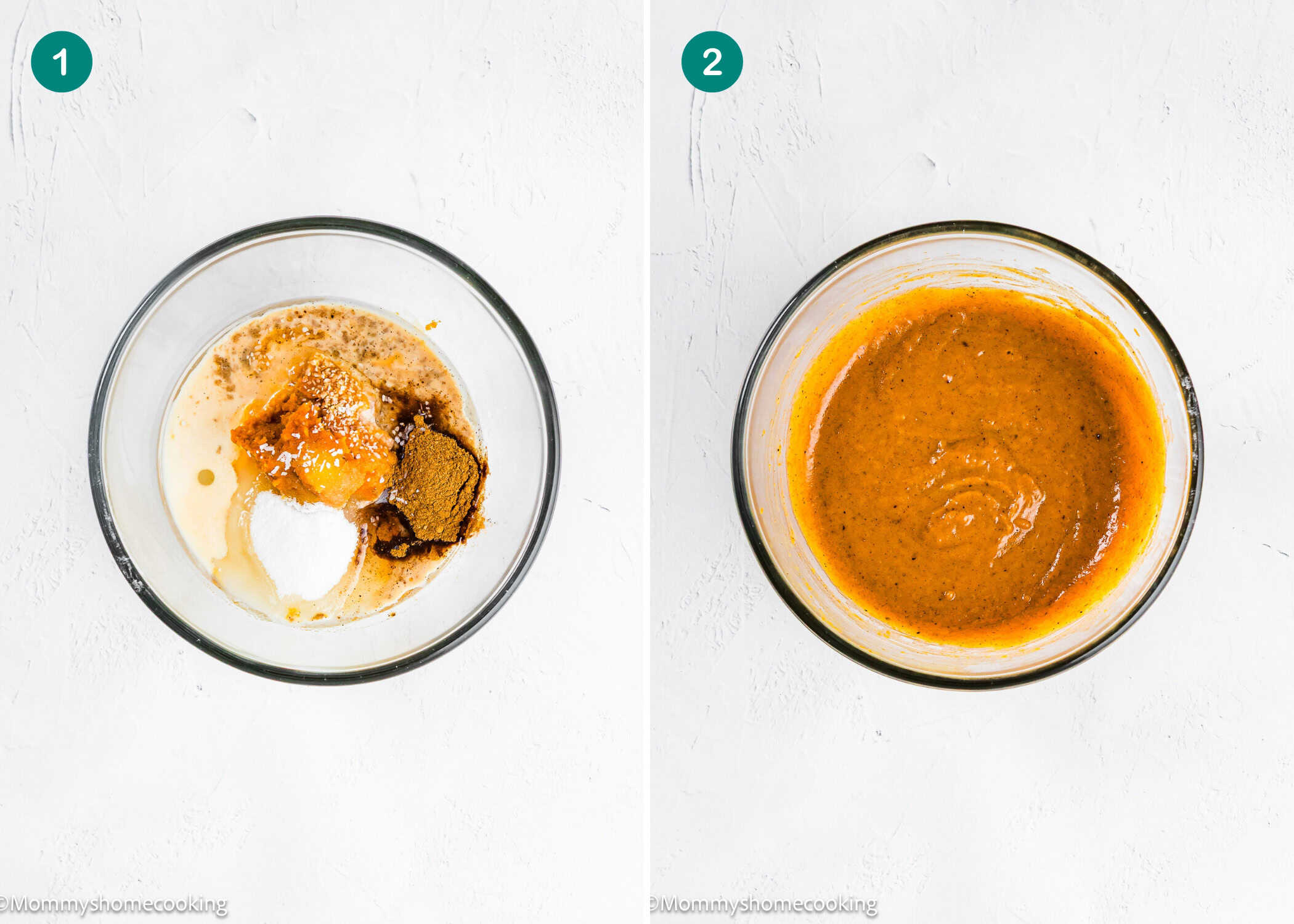 Two images side by side: the left displays ingredients for Eggless Pumpkin Brownies in a glass bowl, while the right shows the same bowl with the ingredients blended into a smooth orange-brown batter.