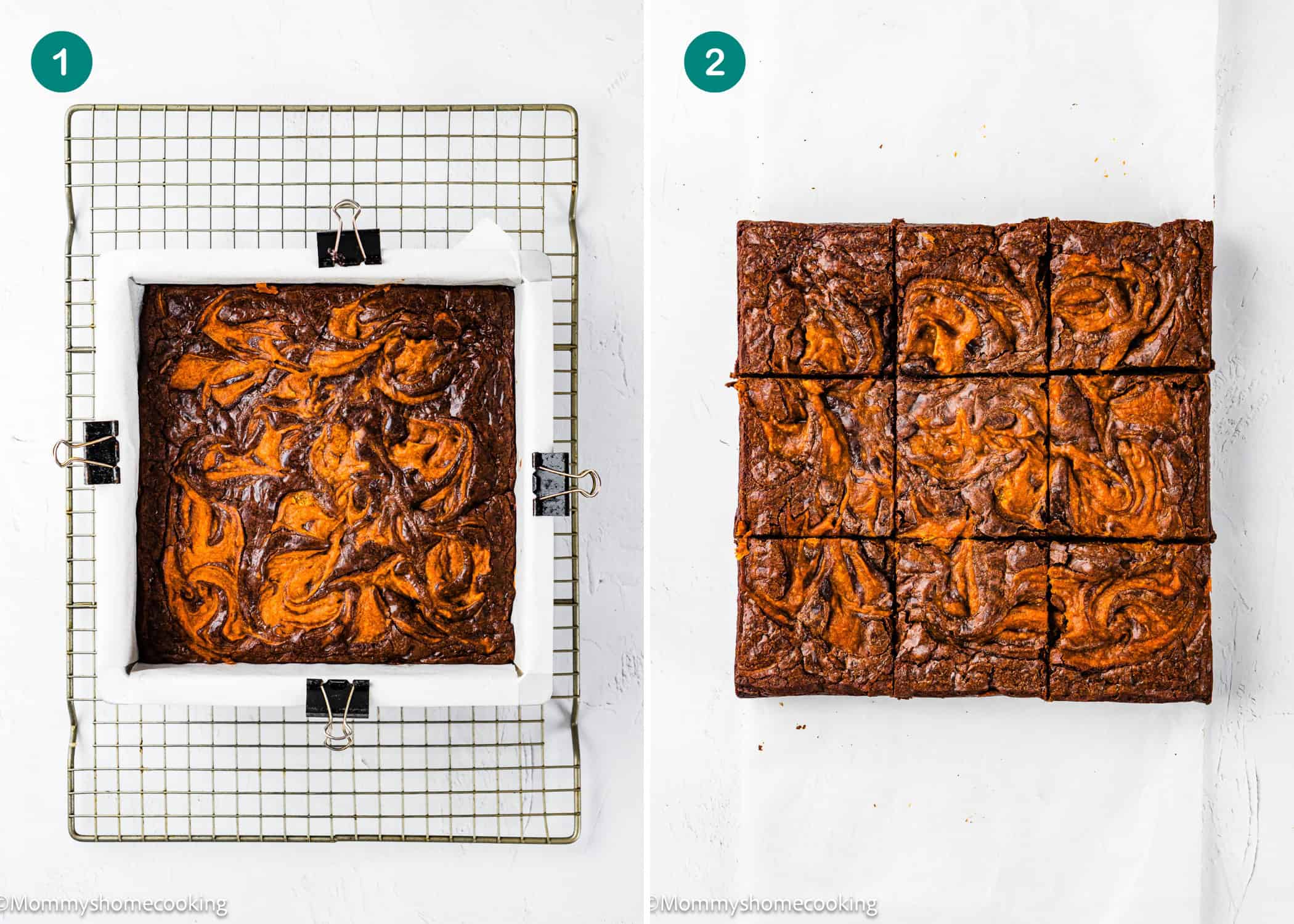 Side-by-side images show a pan of Eggless Brown Butter Pecan Pie Bars on a wire rack (left) and the same bars cut into twelve squares on parchment paper (right).