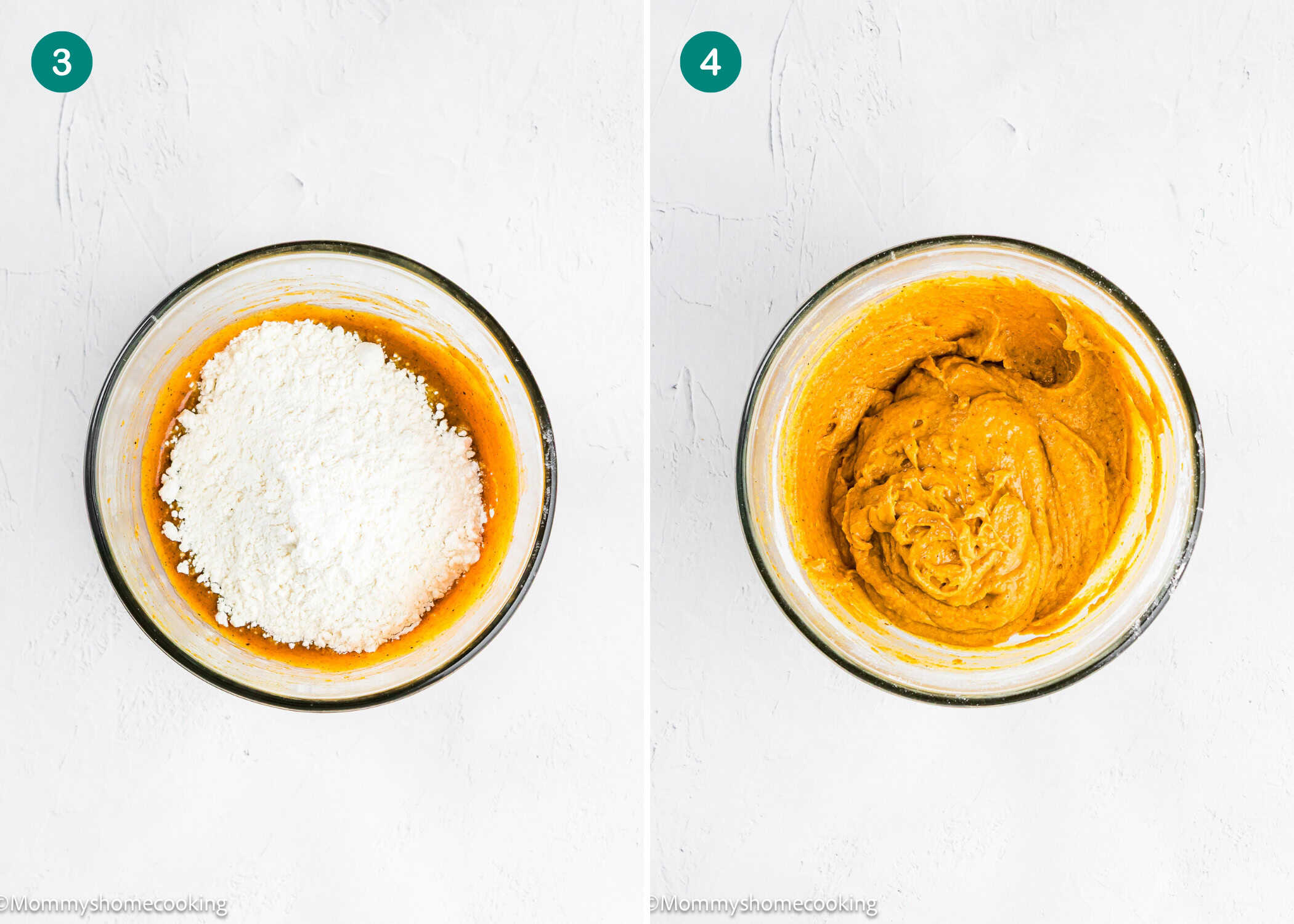 Two side-by-side images; left shows flour being added to a pumpkin mixture for Eggless Pumpkin Brownies, right displays the smooth combined batter after mixing. Steps are labeled 3 and 4.