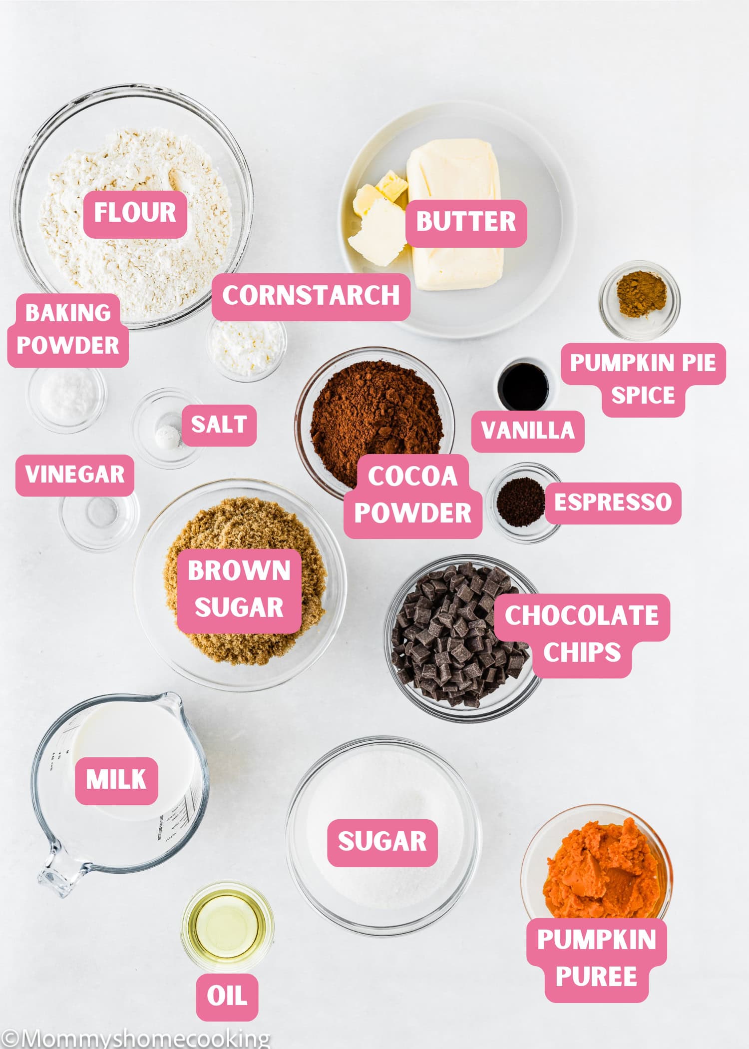 Eggless Pumpkin Brownies Vertical ingredients with name tags.