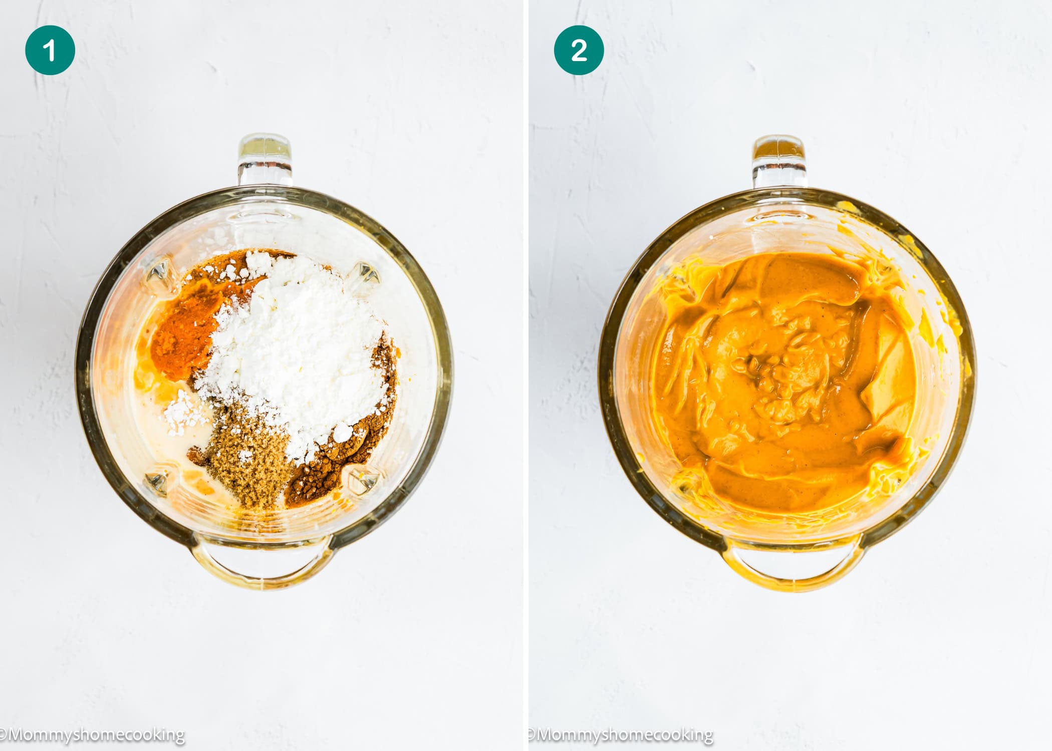 Two side-by-side images: the left shows a blender with spices, flour, liquid ingredients for Eggless Pumpkin Custard Cups (Crustless Pumpkin Pie); the right shows the same blender with a smooth orange mixture.