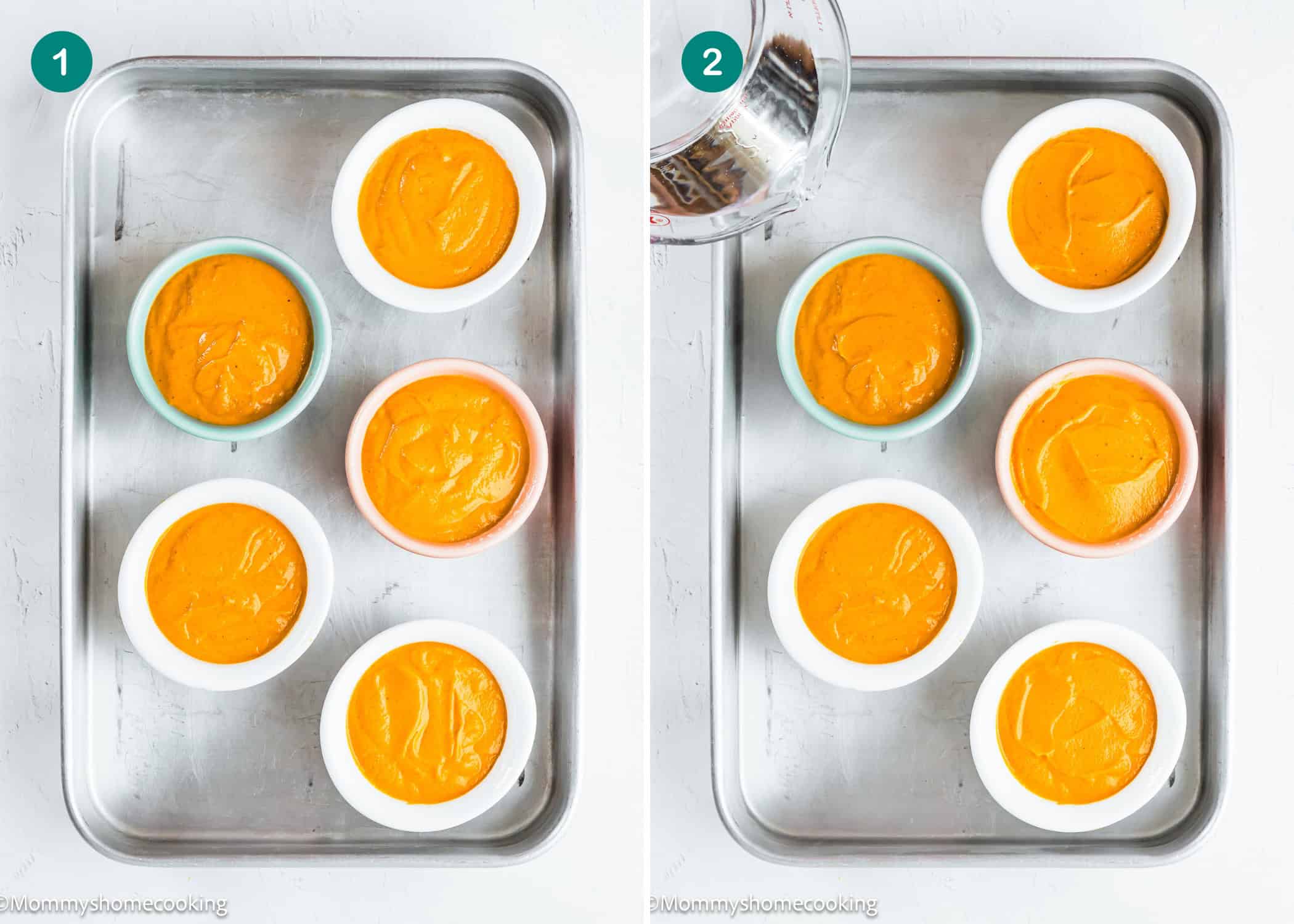 Six ramekins filled with orange batter for Eggless Pumpkin Custard Cups (Crustless Pumpkin Pie) are arranged on a baking tray; in the second image, water is poured into the tray around the ramekins.