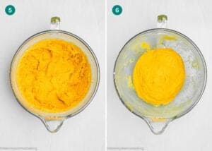Two glass bowls with pumpkin-colored dough for Eggless Pumpkin Cinnamon Rolls. Left: dough is rough and sticky. Right: dough is smooth and shaped into a ball. Steps labeled 5 and 6.