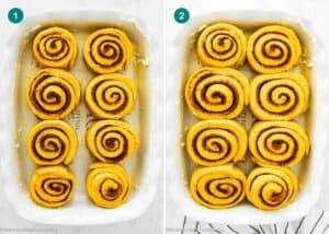 Two side-by-side images show unbaked Eggless Pumpkin Cinnamon Rolls in a rectangular baking dish before (left) and after (right) proofing, with the rolls visibly larger in the second image.
