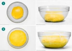 Two sets of side-by-side images show a bowl of yellow dough for Eggless Pumpkin Cinnamon Rolls before and after rising, both covered and uncovered with plastic wrap. Each set is labeled as step 1 or step 2.