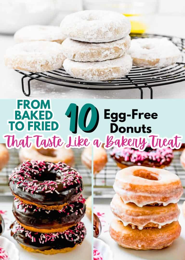 A cooling rack with powdered donuts on top, and below, chocolate and glazed egg-free donuts stacked; text reads “From Baked to Fried: 10 Egg-Free Donuts That Taste Like a Bakery Treat.”.