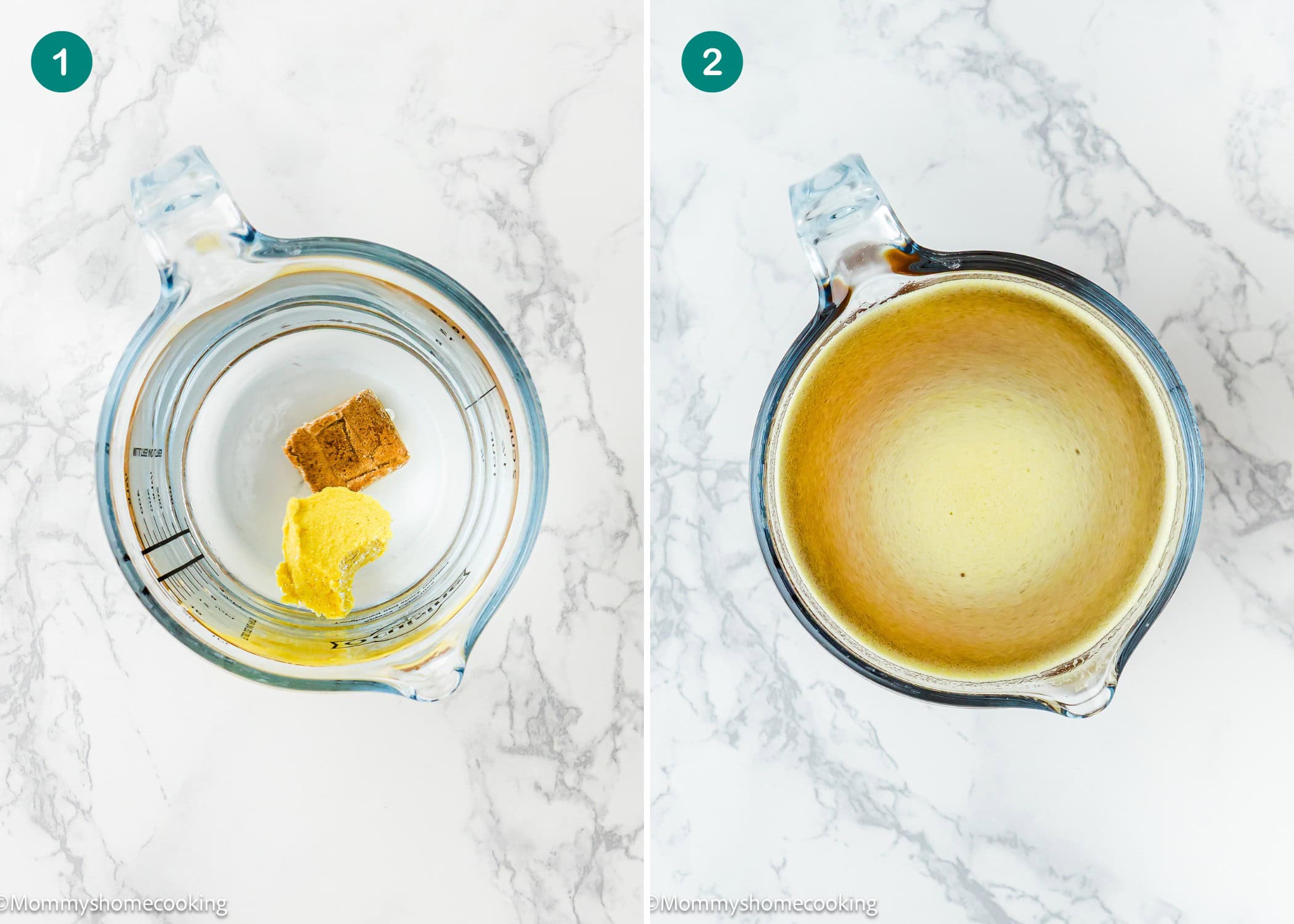 Two-panel image: left shows a glass measuring cup with a bouillon cube and paste for a No Dripping Flavorful Gravy Recipe; right shows the cup filled with dissolved broth on a white marble surface.