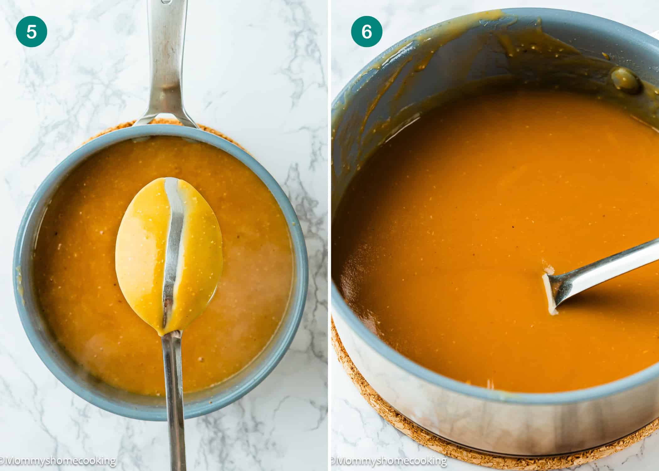 Two images of caramel sauce: the left shows a spoon coated with sauce over a saucepan, the right shows the finished caramel sauce in a saucepan with a spoon—perfect for those who love a no dripping flavorful gravy recipe.