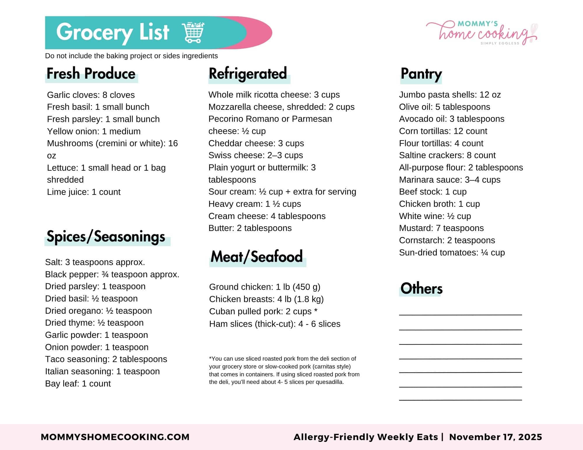 Allergy-Friendly Weekly Eats November 17, 2025 Shopping List.