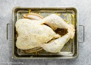 Raw whole turkey coated with seasoning and marinade, inspired by our Citrus-Garlic Chipotle Thanksgiving Turkey Recipe, placed in a metal roasting pan on a gray countertop.