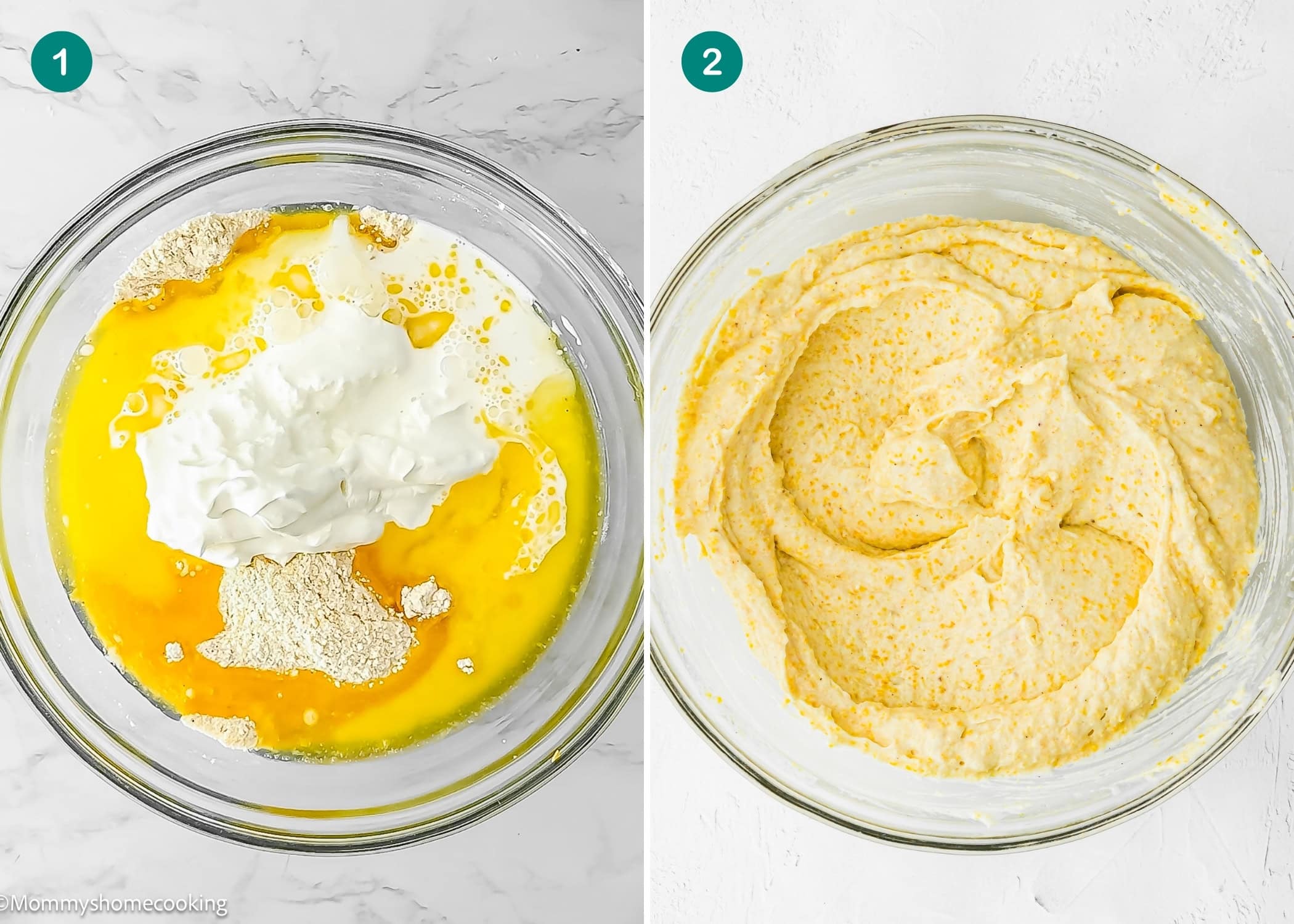 Two side-by-side images: the left shows unmixed cornbread ingredients in a glass bowl, and the right displays them blended into a smooth batter—perfect for making Easy Homemade Corn Pudding without Eggs.