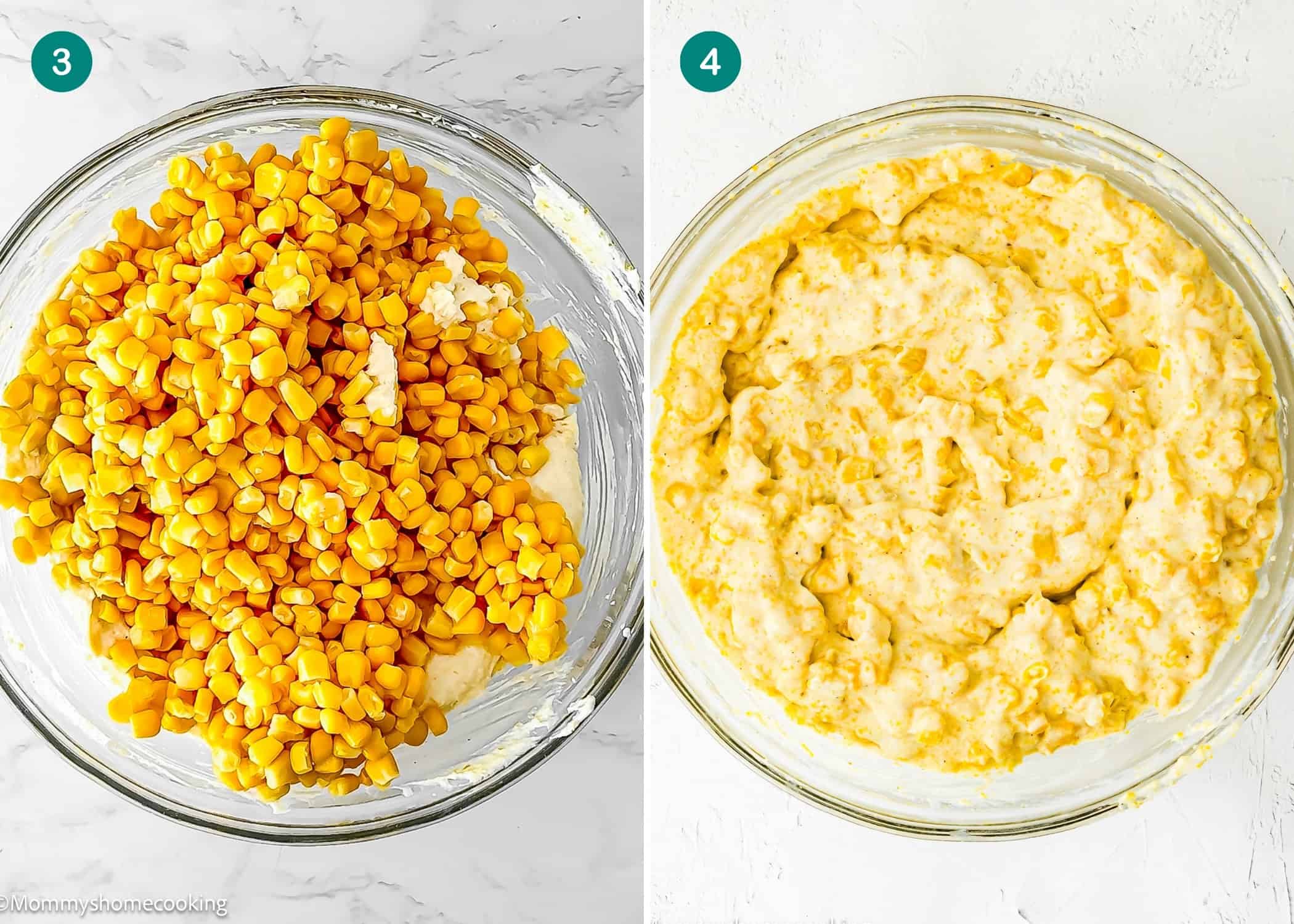 Side-by-side images: left, a glass bowl with corn kernels atop white batter for Easy Homemade Corn Pudding without Eggs; right, the same bowl with the corn mixed in. Each image is labeled with a step number.
