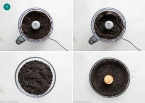 Four-step process for an Eggless Chocolate Mousse Pie (no-bake): crush cookies in a food processor, then press into a pie dish with a tamper.