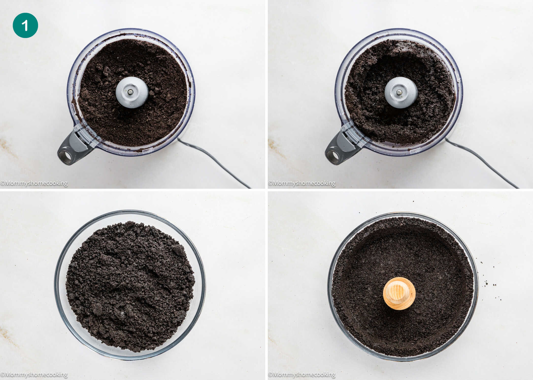 Four-step process for an Eggless Chocolate Mousse Pie (no-bake): crush cookies in a food processor, then press into a pie dish with a tamper.