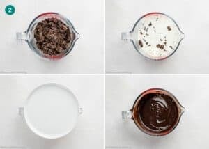 Four-panel image showing: chopped chocolate in a measuring cup, chocolate with cream added, cream in a cup, and the melted chocolate mixture after stirring for Eggless Chocolate Mousse Pie (no-bake).