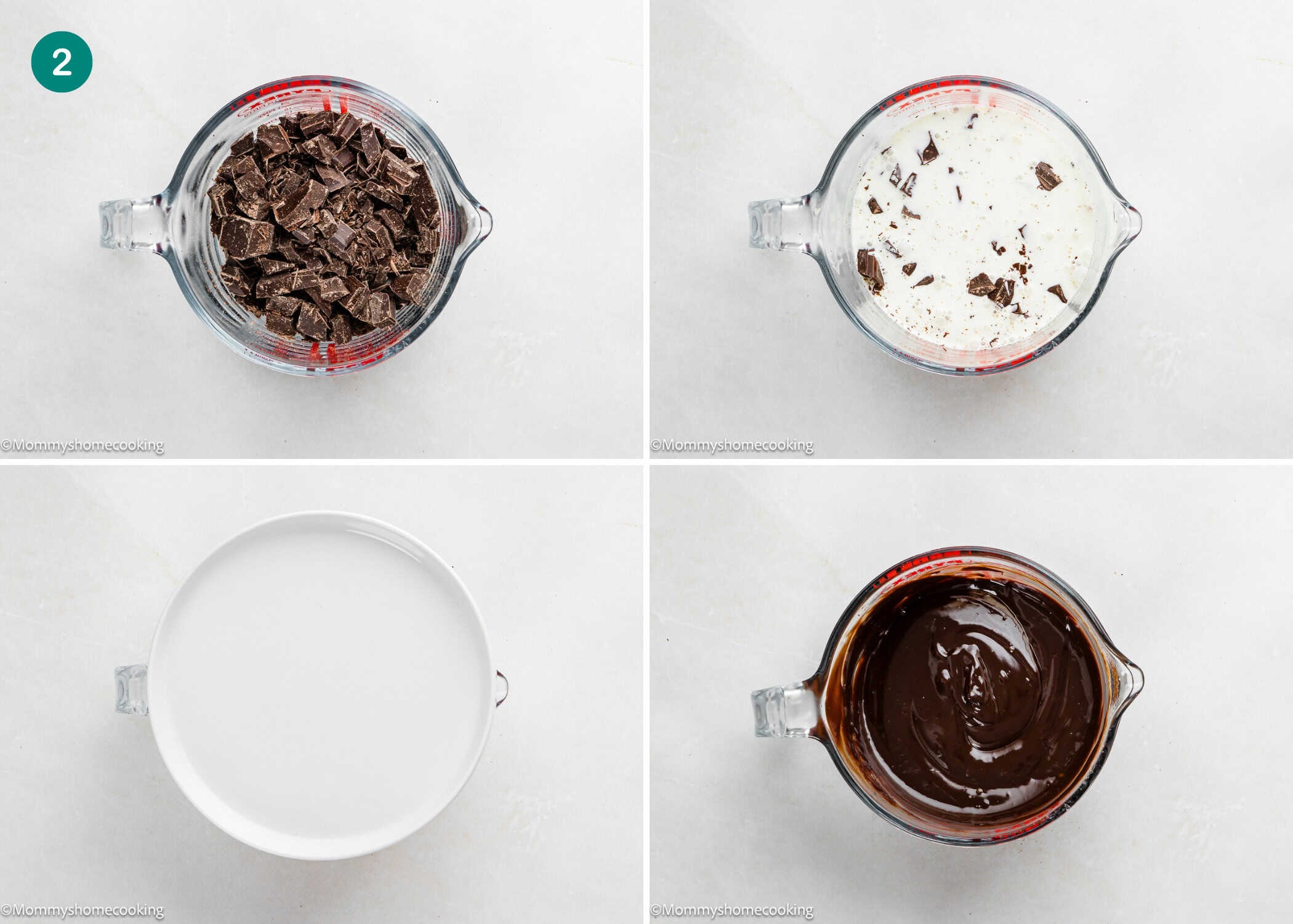 Four-panel image showing: chopped chocolate in a measuring cup, chocolate with cream added, cream in a cup, and the melted chocolate mixture after stirring for Eggless Chocolate Mousse Pie (no-bake).