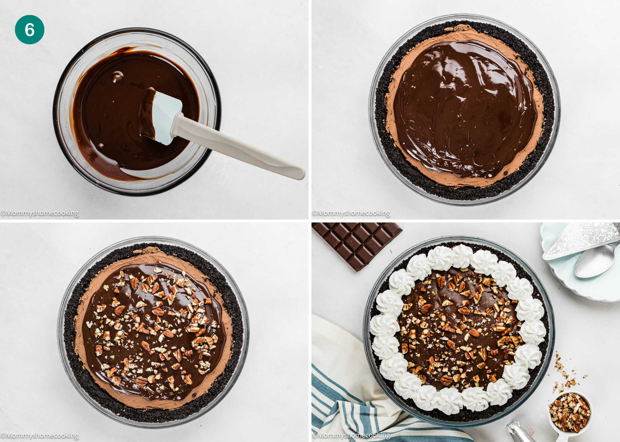 Four-step collage showing the process of assembling an Eggless Chocolate Mousse Pie (no-bake): melting chocolate, spreading it, adding nuts, and finishing with piped whipped cream.