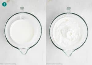 Side-by-side images showing a glass bowl of liquid heavy cream on the left and the same bowl with whipped cream on the right, perfect for making Eggless Chocolate Mousse Pie (no-bake).