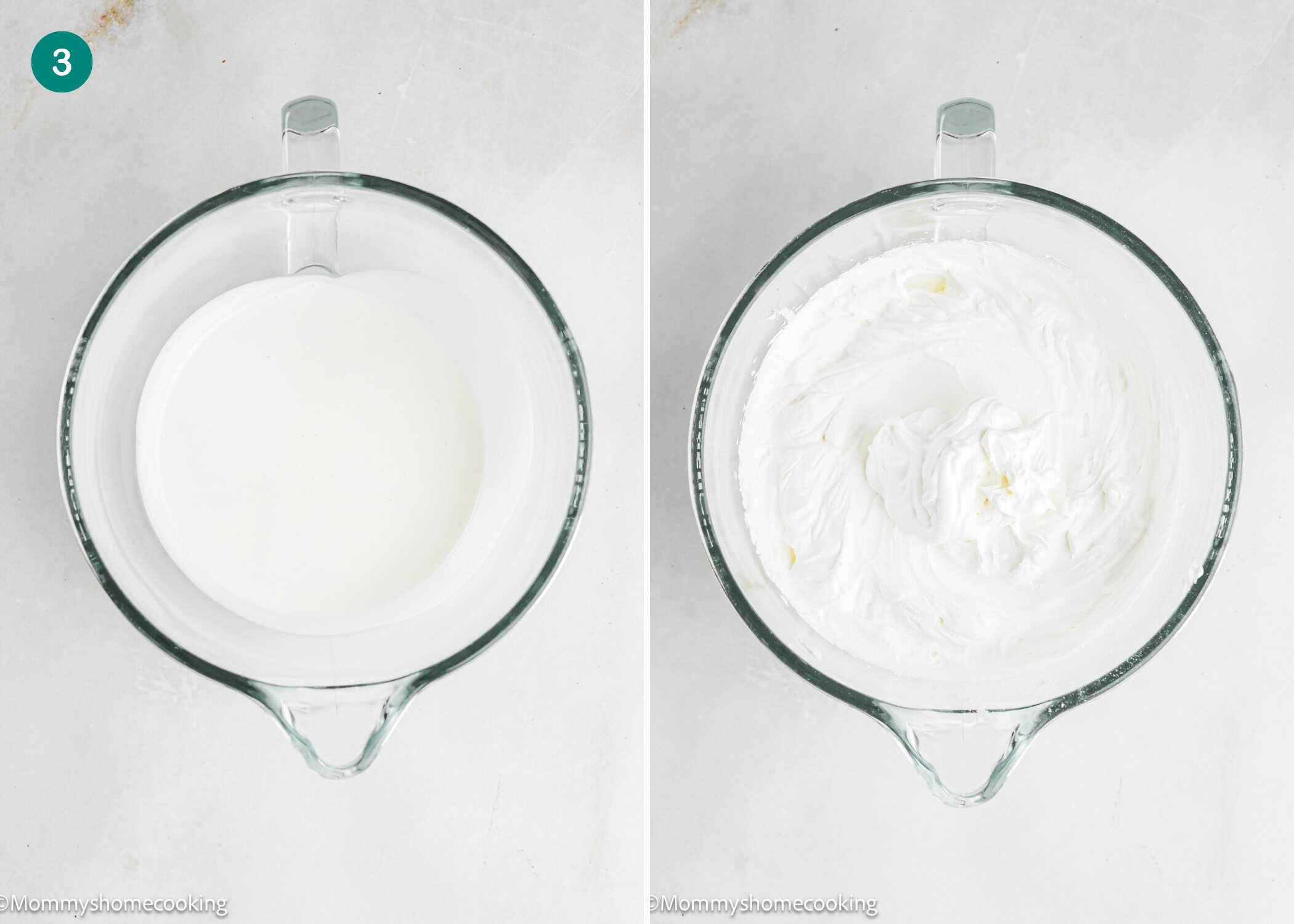 Side-by-side images showing a glass bowl of liquid heavy cream on the left and the same bowl with whipped cream on the right, perfect for making Eggless Chocolate Mousse Pie (no-bake).